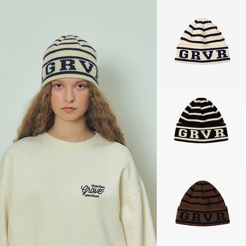 韩国小众设计grov条纹帽徐梦洁同款字母针织冷帽经典logo款