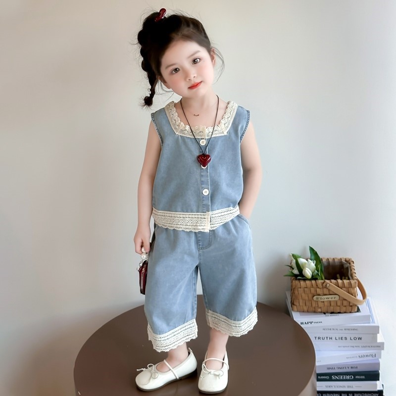 女童洋气夏季薄款阔腿裤牛仔套装宝宝2025新款时髦韩版夏日两件套