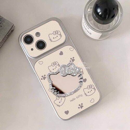 适用爱心KT猫适用苹果17ProMax手机壳iPhone16荔枝纹15镜子14爱心