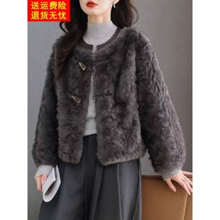 水貂绒皮草外套女开衫短款圆领羊毛衫宽松大码女装高腰2025新款秋