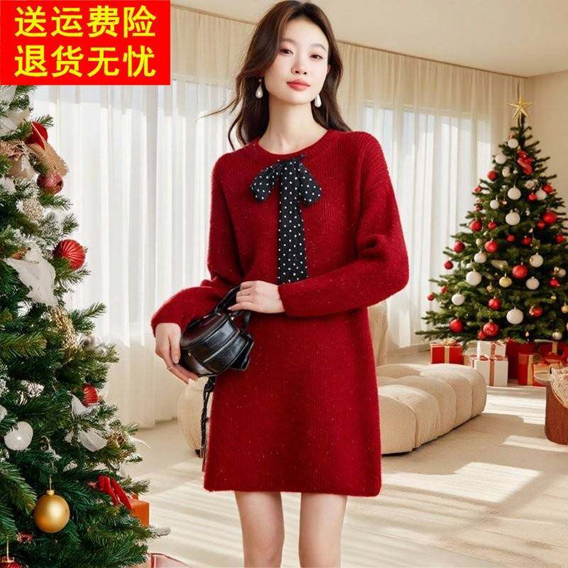 新款时尚红色蝴蝶结针织连衣裙女2025秋冬洋气中长款小个子毛衣裙,女装/女士精品,连衣裙,淘宝优惠券,粉丝福利购,淘宝优惠卷