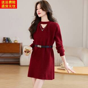 小个子红色针织连衣裙女秋冬新款巨好看时尚保暖减龄本命年毛衣裙