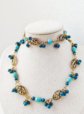 外贸复古中古饰品轻奢感蓝色天然石项链手链套装小众风格打标