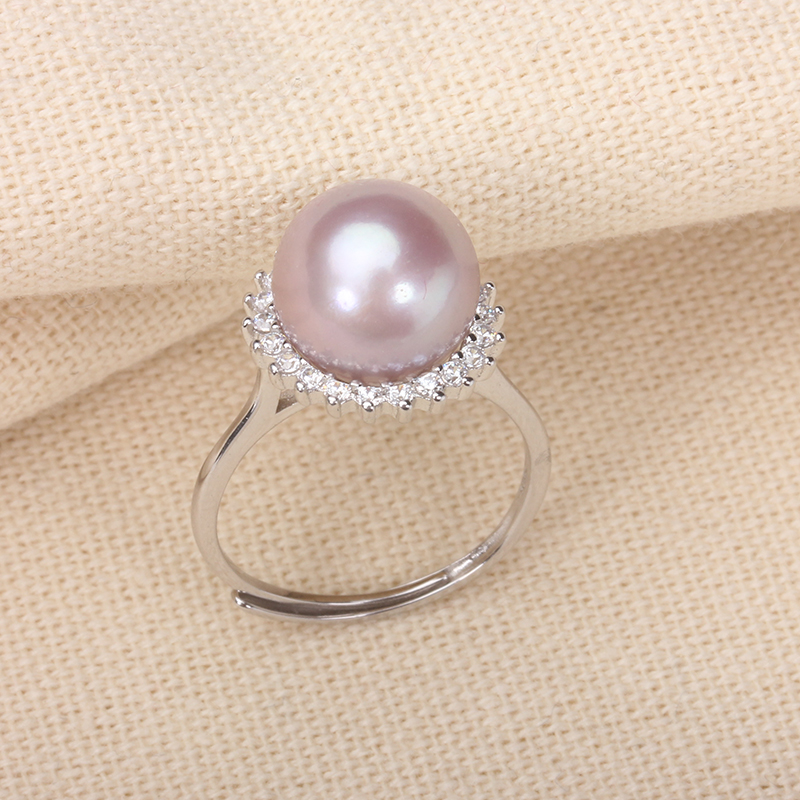 9-10mm淡水珍珠戒指S925纯银太阳花正圆极强光紫色戒指天然正品