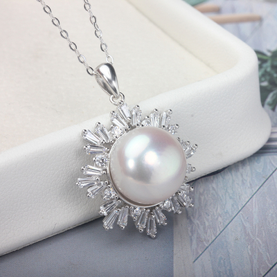 S925纯银雪花吊坠12-13mm天然淡水珍珠吊坠项链正品极强光女款