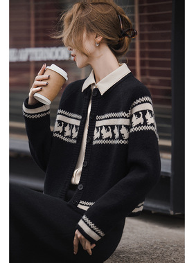 黑色费尔岛毛衣 氛围感撞色小狗针织衫女秋冬新款复古百搭上衣