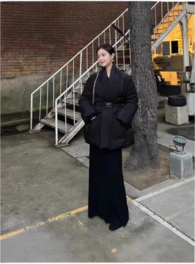 新中式黑色收腰棉服女2025年冬季新款休闲设计感中长款显瘦外套