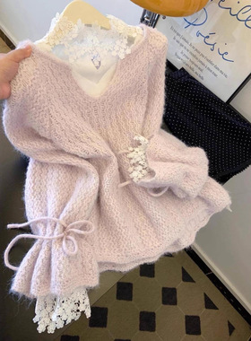 紫色温柔风粗针织毛衣女秋冬季韩系氛围感宽松软糯长袖v领上衣潮