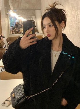 羊羔外套新款宽松上衣加厚秋冬季毛毛2025皮草黑色大衣高级感外套