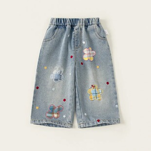 童装女童裤子春季新品花朵拼接儿童阔腿裤小童牛仔裤