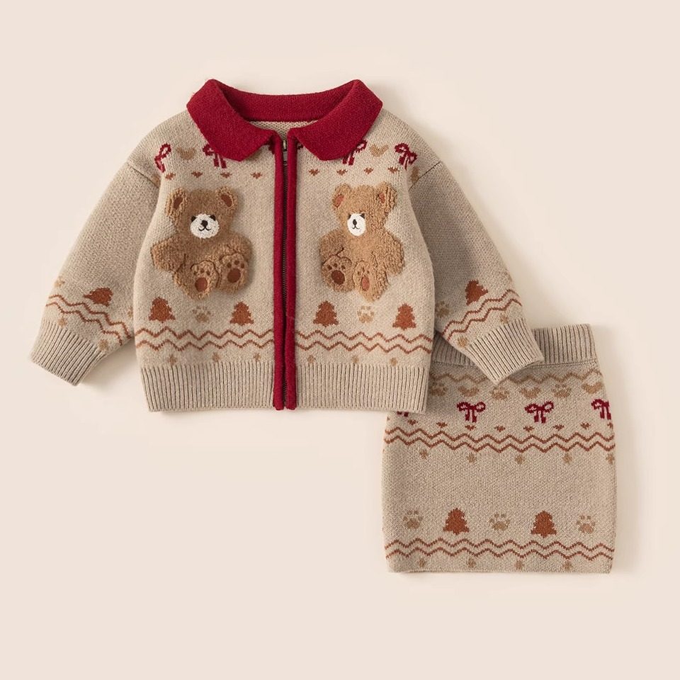 【泰迪联名】卡通图案拉链毛衣外套+卡通图案毛衣半裙DT25234