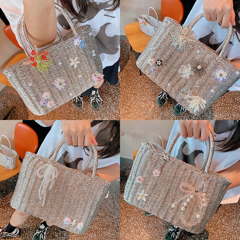 HD7120A07夏季新款韩版潮银色小方包花朵手提包单肩包菜篮子包包