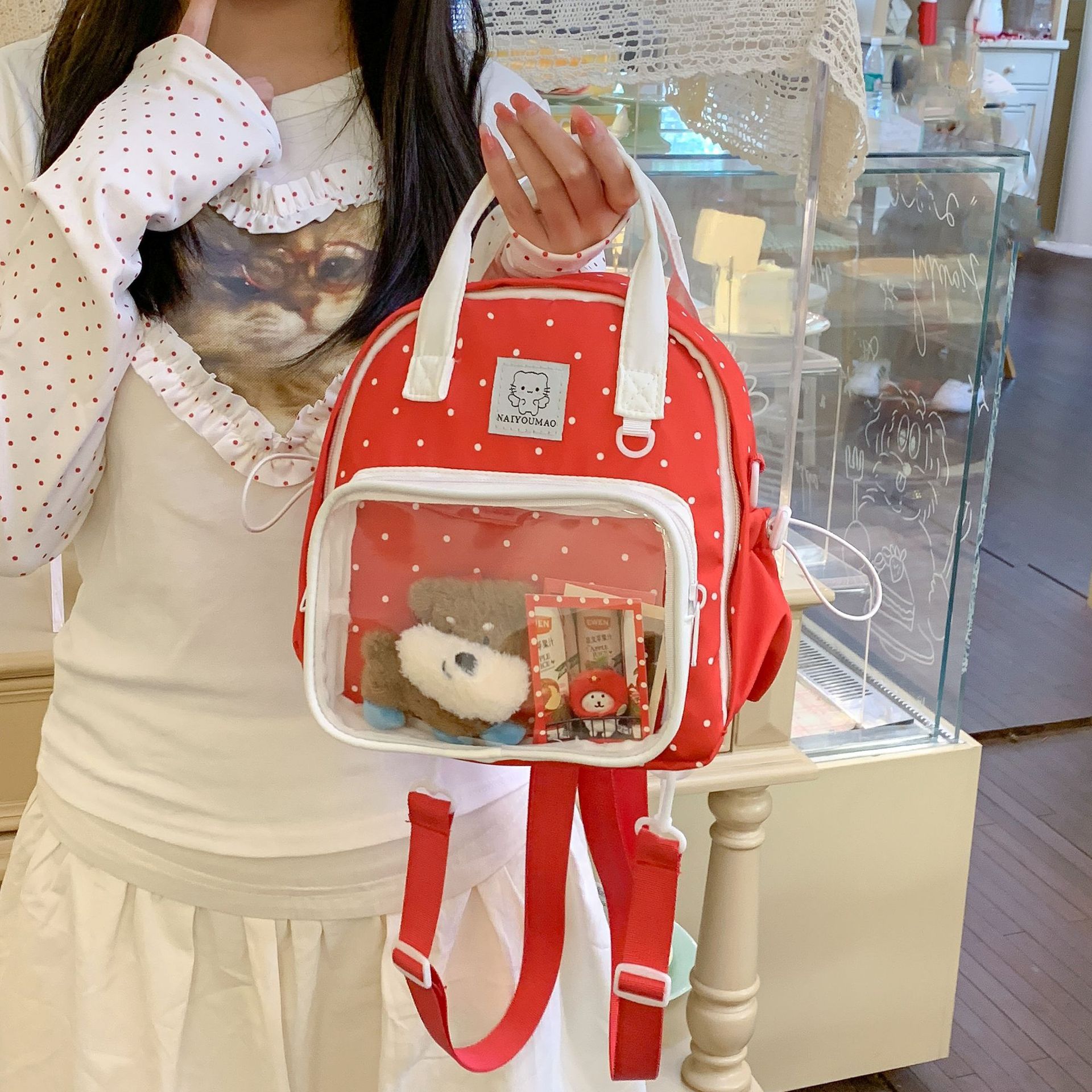 日系软妹透明痛包清新波点撞色手提少女校园通勤痛层斜挎包可双肩