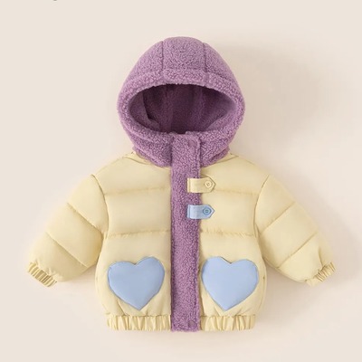 童装冬季保暖衣服毛绒女孩子连帽外套拼色儿童棉衣女童棉服