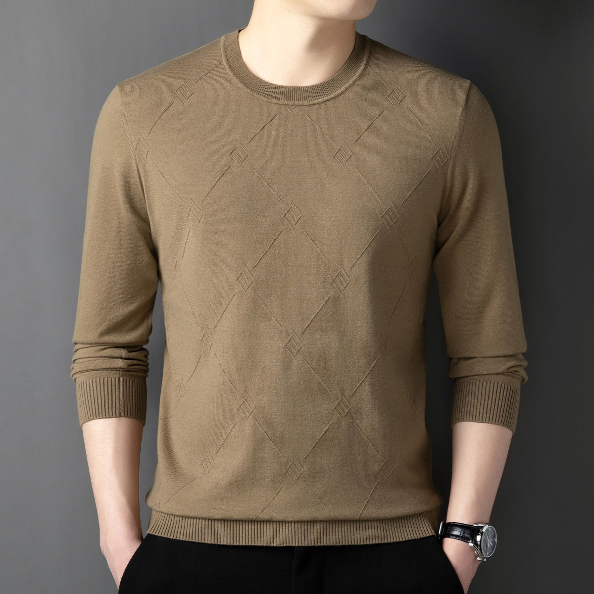 【含绵羊毛】春秋薄款圆领针织衫简约休闲舒适打底衫男式长袖T恤