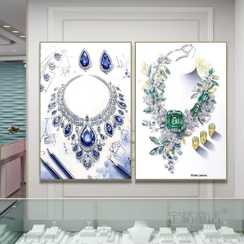高级感珠宝店装饰画奢侈品专柜宝石首饰壁画翡翠项链戒指手绘挂画