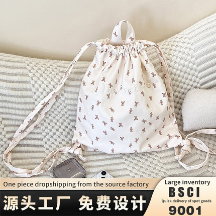 新款可爱满幅小熊双肩背包休闲大容量女士抽绳肩带手提包包单肩包