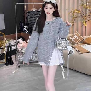 珍珠亮片设计下摆开叉毛衣女2025春秋新款中长款宽松圆领套头毛衣