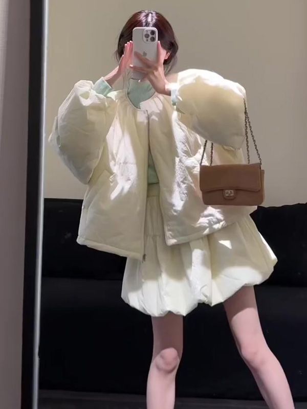 法式气质宽松圆领长袖棉服外套女2025秋冬新款高腰显瘦花苞半身裙