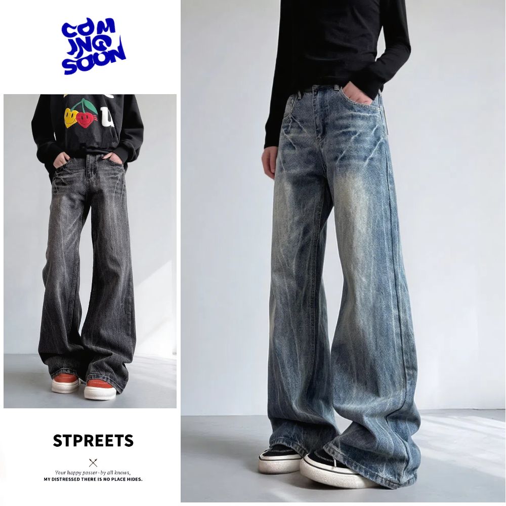 美式高街水洗闪电纹爆裂牛仔裤直筒微喇秋冬男生cleanfit高级长裤