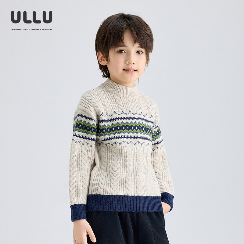 优露复古绞花费尔岛儿童提花毛衣
