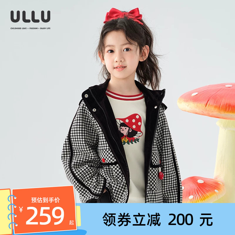 ULLU格子丝绒包边蘑菇连帽外套