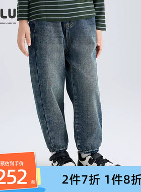 优露做旧宽松锥形加绒牛仔裤