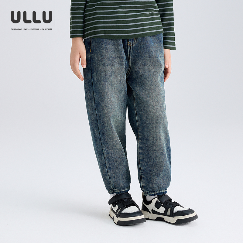 优露直筒束脚裤子儿童加绒牛仔裤