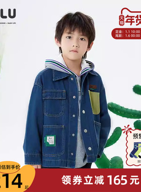 ULLU优露童装男童长袖外套25春款落肩箱型不对称口袋夹克牛仔外套