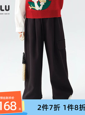 优露童装女童长裤ULLU25秋款百搭休闲袋盖装饰宽松黑色阔腿裤长裤