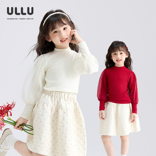 ULLU拼接欧根纱泡泡袖高弹打底衫