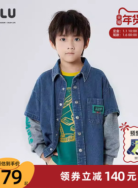 ULLU优露童装男童长袖衬衫25春款复古字母印花假两件拼接牛仔衬衫