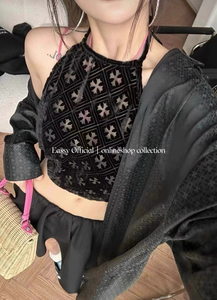 eassy 高端真丝植绒印花V领吊带肚兜连衣裙气质减龄百搭显瘦辣妹