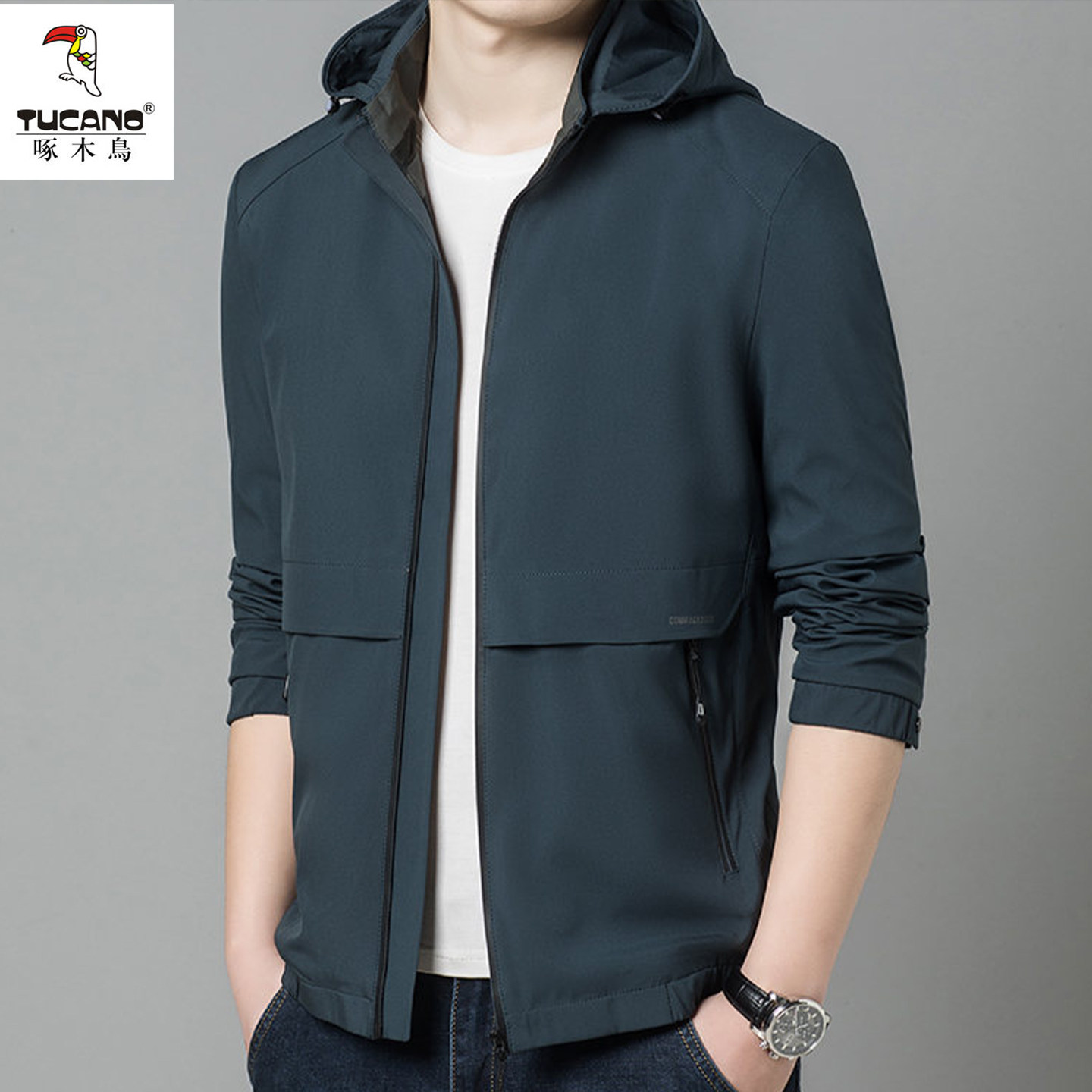 啄木鸟男士夹克男款春秋季外套休闲连帽可拆卸夹克衫男装抗皱上衣