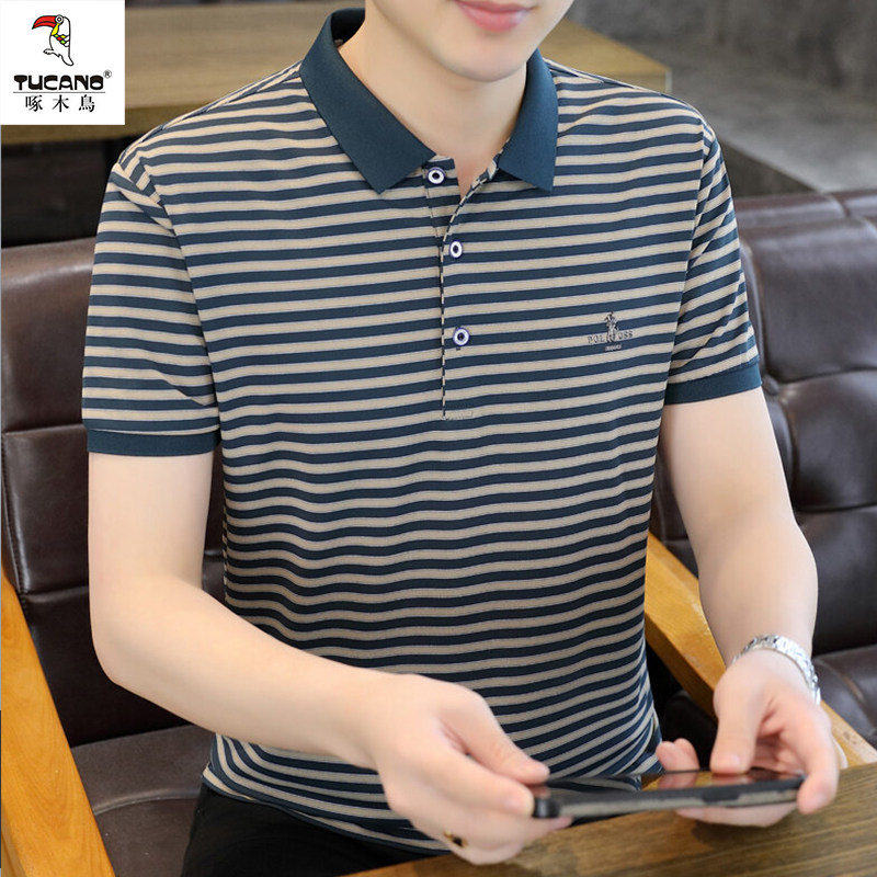 啄木鸟条纹短袖t恤夏季男士棉质POLO衫高端翻领半袖体恤刺绣夏装