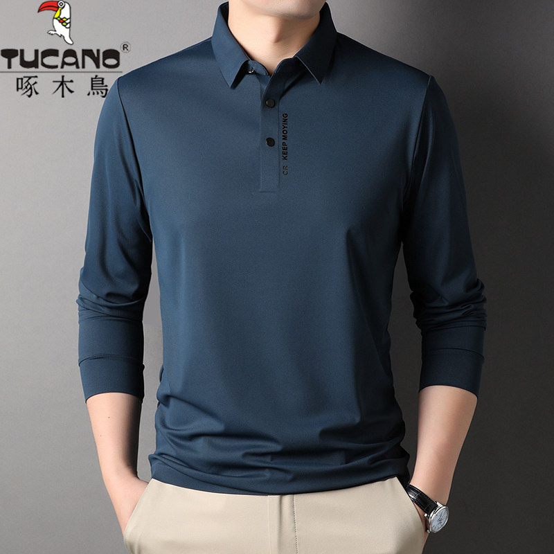 啄木鸟男士秋冬新款翻领长袖t恤商务休闲纯色弹力抗皱polo衫上衣