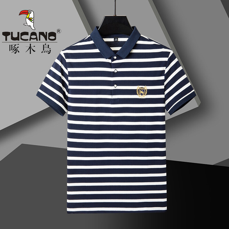 啄木鸟条纹POLO衫男士短袖t恤纯棉翻领高档上衣有领商务男装体恤