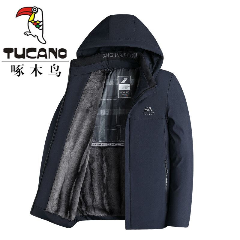 啄木鸟新款冬季中老年爸爸装加绒棉服男士加厚保暖连帽棉衣外套