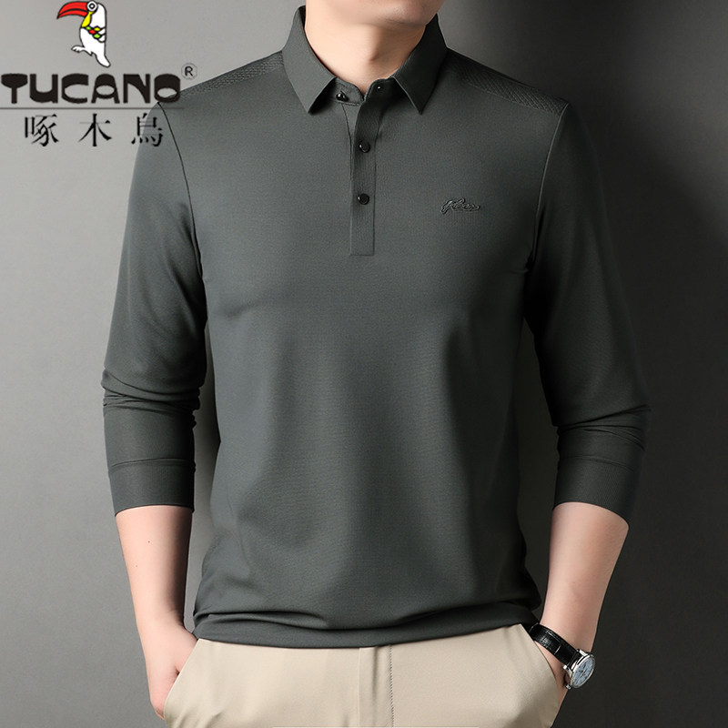 啄木鸟男士秋冬新款翻领长袖t恤商务休闲纯色弹力抗皱polo衫上衣