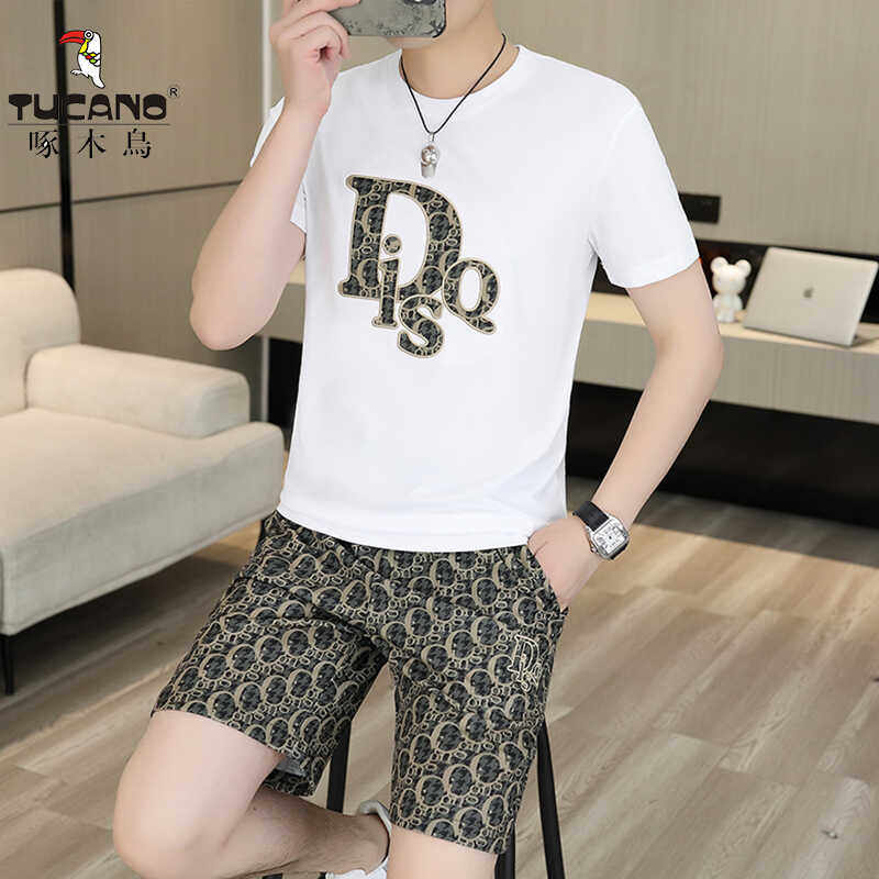 啄木鸟夏季新款男短袖套装圆领T恤潮流帅气五分裤运动休闲两件套