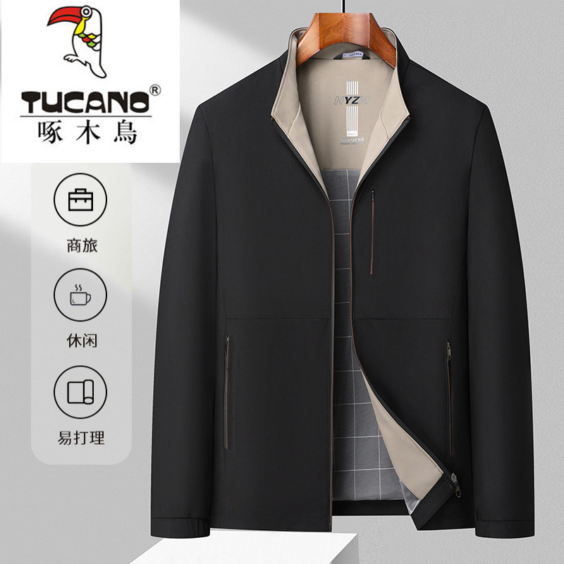 啄木鸟爸爸装外套春秋款薄款透气立领夹克衫中年男士商务休闲衣服