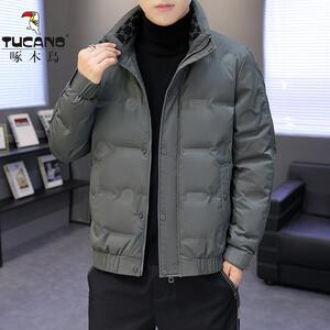 啄木鸟立领羽绒服男士冬季短款2024新款潮牌潮流帅气压花冬装外套
