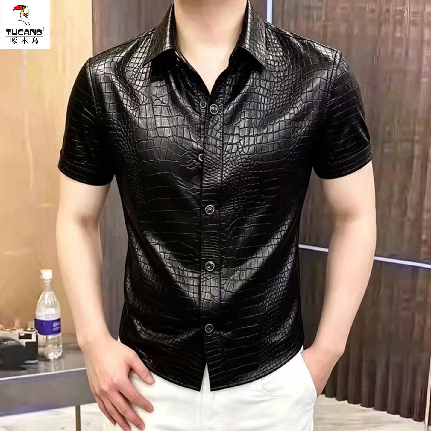 啄木鸟夏季轻奢鳄鱼纹短袖衬衫男