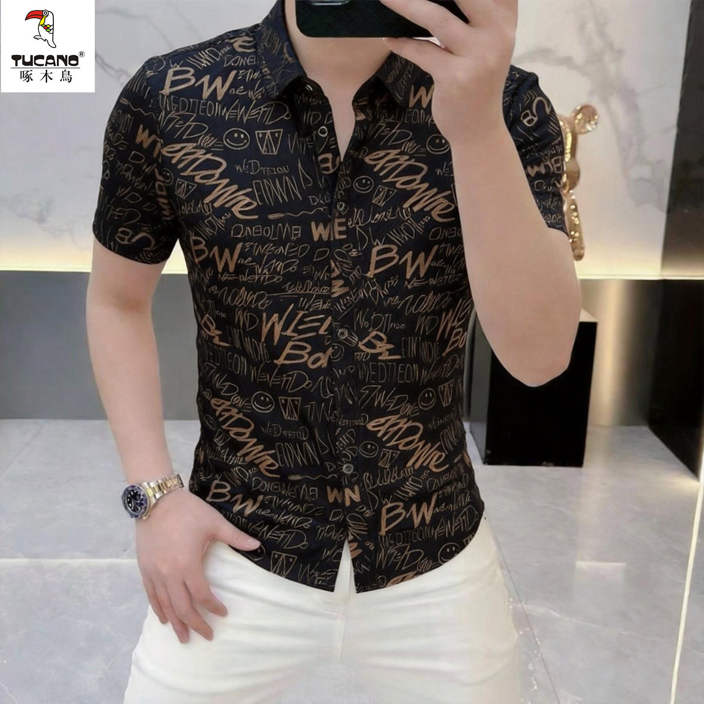 啄木鸟冰丝男士短袖衬衫夏季潮流字母印花翻领修身帅气百搭衬衣男