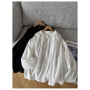 女纯棉棉纱灯笼袖复古衬衣日系日常通勤圆领宽松长袖衬衫上衣