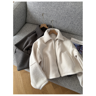 日系贵牌秋冬双向拉链短毛呢外套 复古翻领廓形夹克上衣大衣