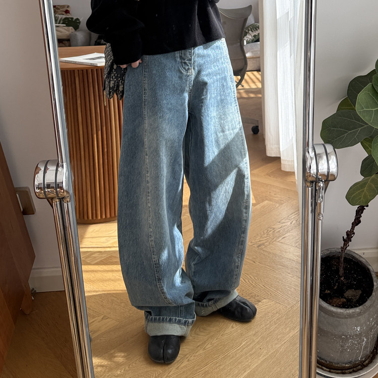 高定系列秋冬美式复古水洗蓝弧形牛仔裤立体解构弯刀裤阔腿裤长裤,女装/女士精品,牛仔裤,淘宝优惠券,粉丝福利购,淘宝优惠卷