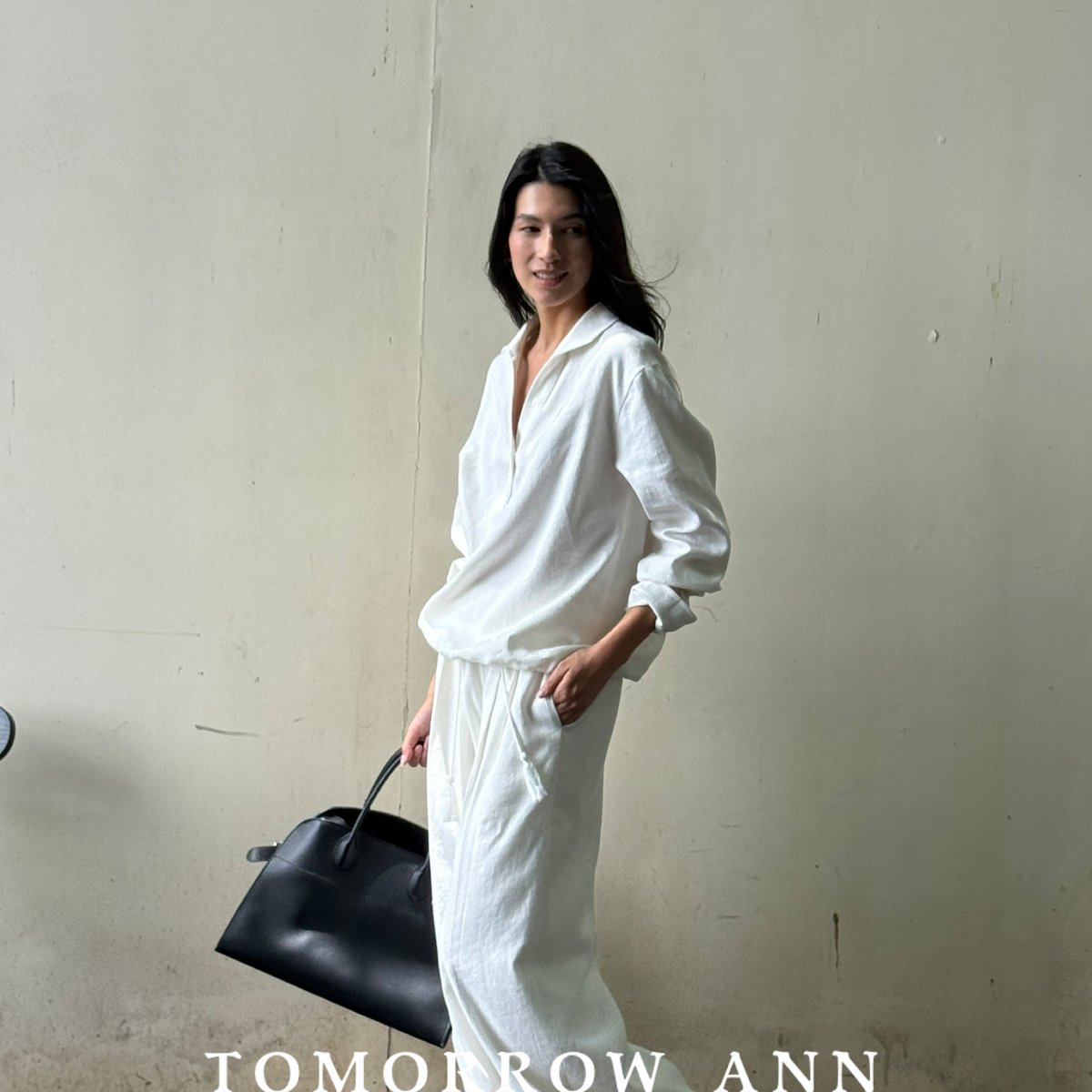 TOMORROW ANN-松紧腰老钱风阔腿休闲裤(配腰绳)11781