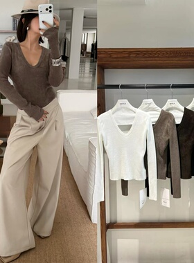 MOLS正品深V领针织打底衫上衣内搭修身洋气显瘦弹力长袖薄款毛衣