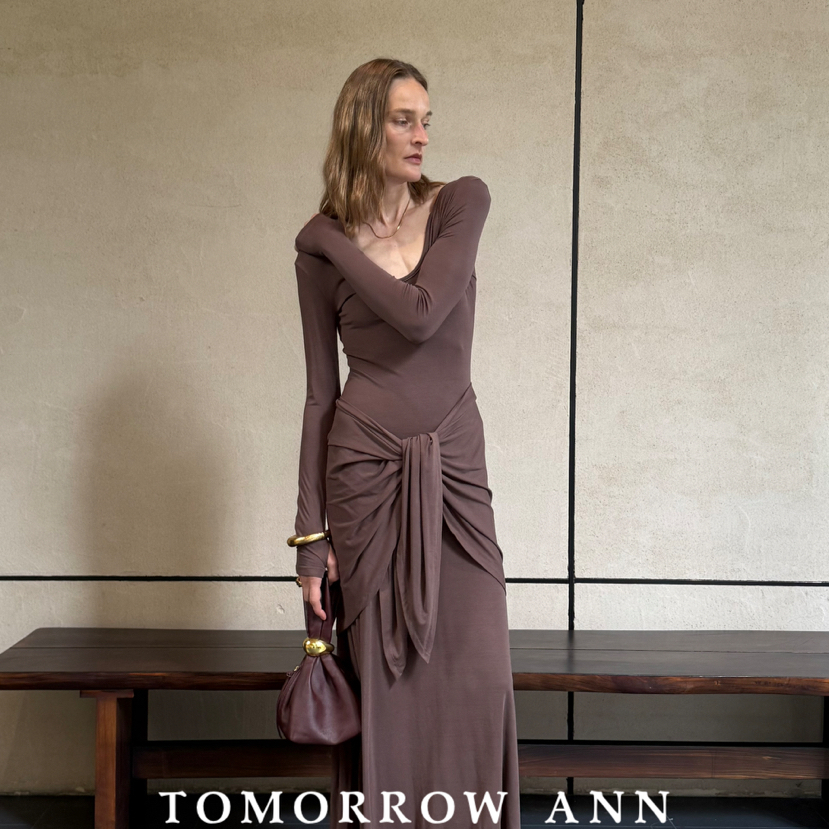 TOMORROW ANN-秋上新百搭舒适腰封+V领宽松连衣裙套装11966